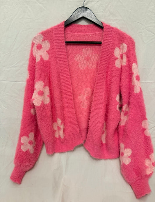 #143 Vibrant pink fuzzy cardigan women’s size small (S)