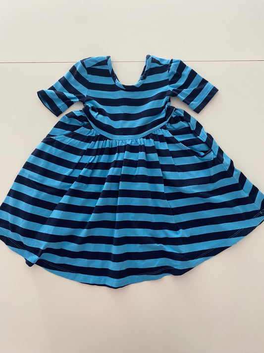 #117- Girls 3T, Hanna Andersson blue/navy striped dress, VGUC