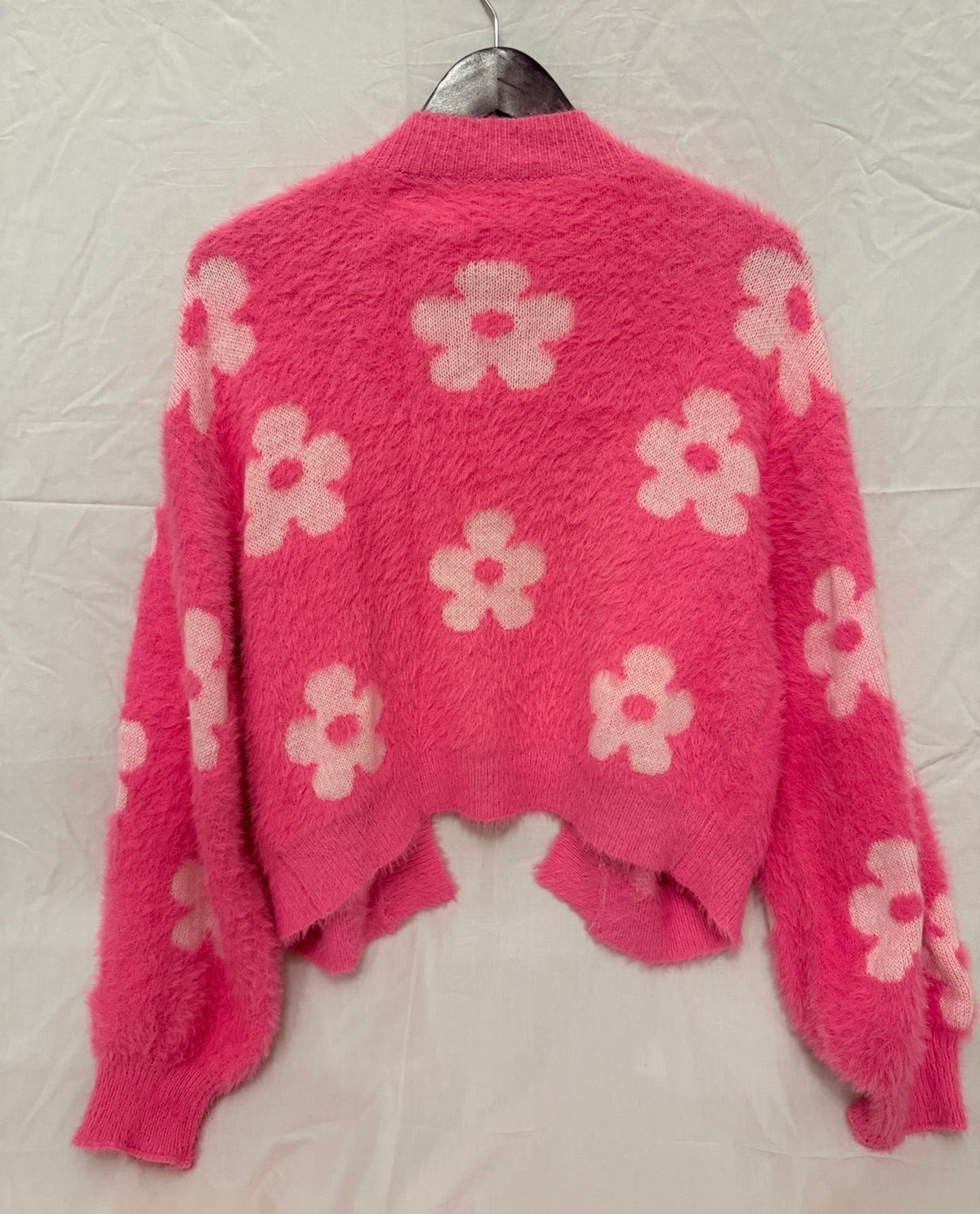 #143 Vibrant pink fuzzy cardigan women’s size small (S)