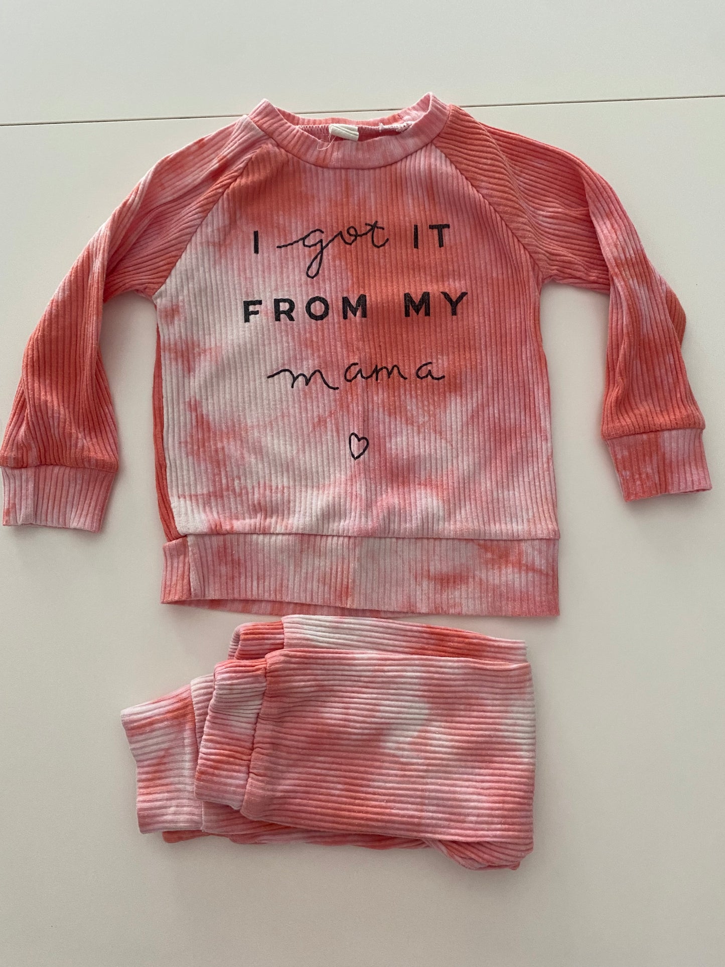 #117- Girls 3T, Boutique pink tie dyed ribbed ‘I got it from my momma’ set, VGUC