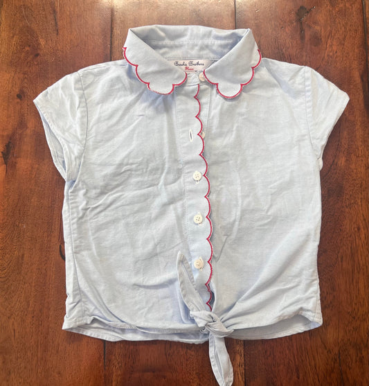 #66 girls 4T Brooks Brothers light blue scallop button-down with red trim, VGUC