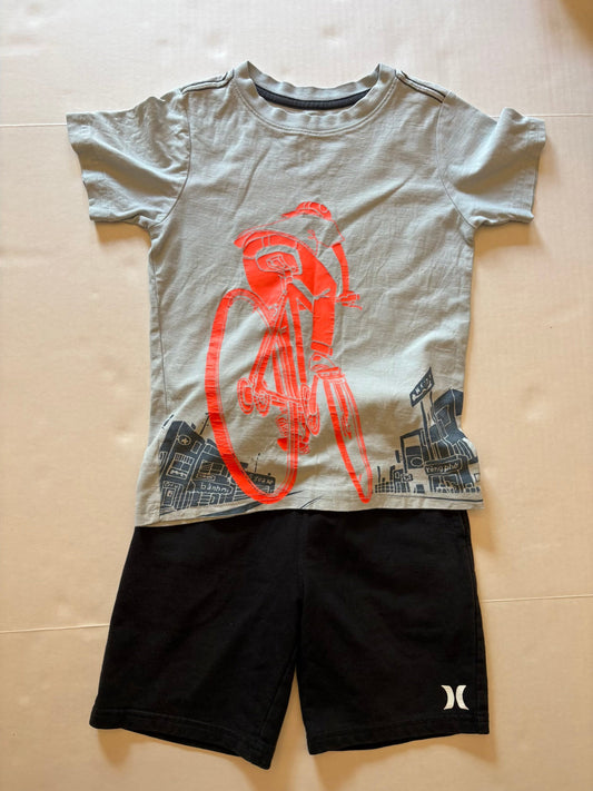 PPU 45227 Seller 121 GUC for cracking on graphic. Tea Collection bike shirt and black Hurley sweat shorts Size 6