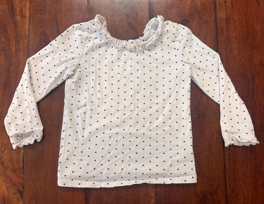#66 girls 5T Sweethoney layering top- white with black polka dots, ruffle trim, GUC