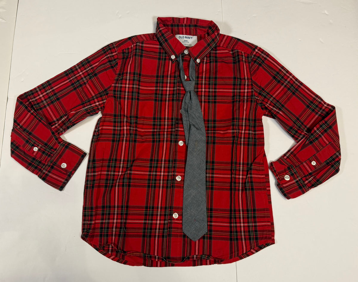 #141 Boys Medium 8 Old Navy Red Plaid Button Down and Tie Bundle