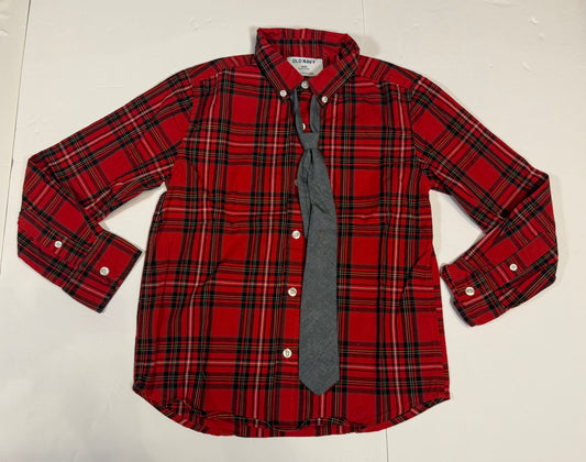 #141 Boys Medium 8 Old Navy Red Plaid Button Down and Tie Bundle