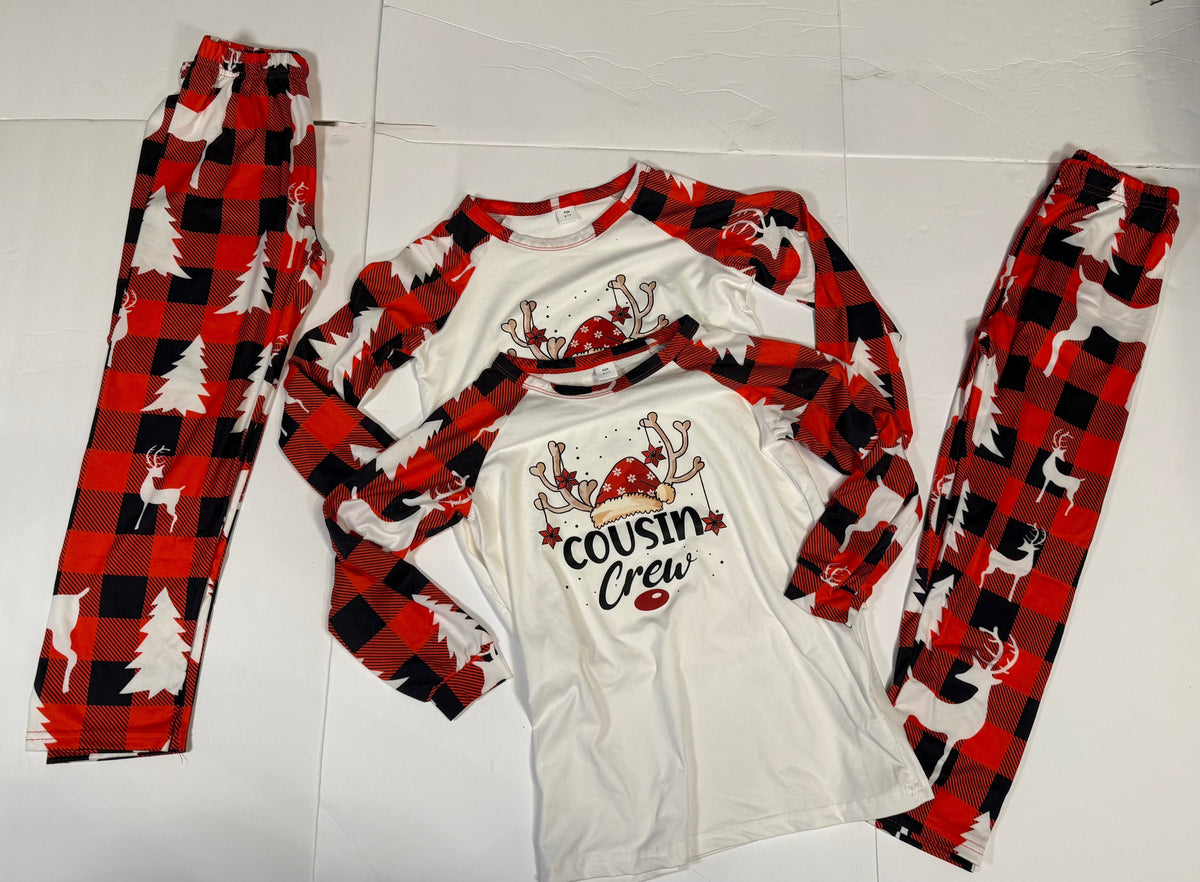 #141 Unisex Set of 4 Cousin Crew Holiday Pajamas 2 Size 6/7 and 2 Size 3/4