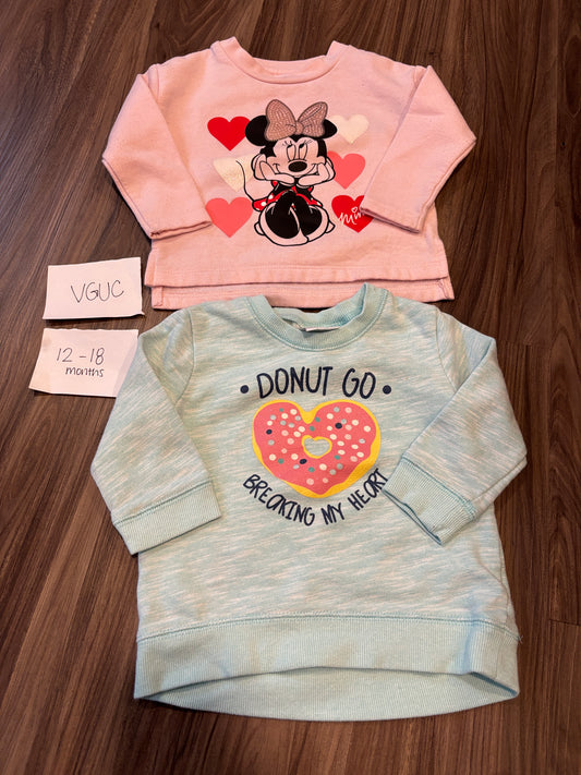 #138 - 12-18 Mo - VGUC 2 Sweatshirts (Minnie + Donut go breaking my heart) - PU 45236