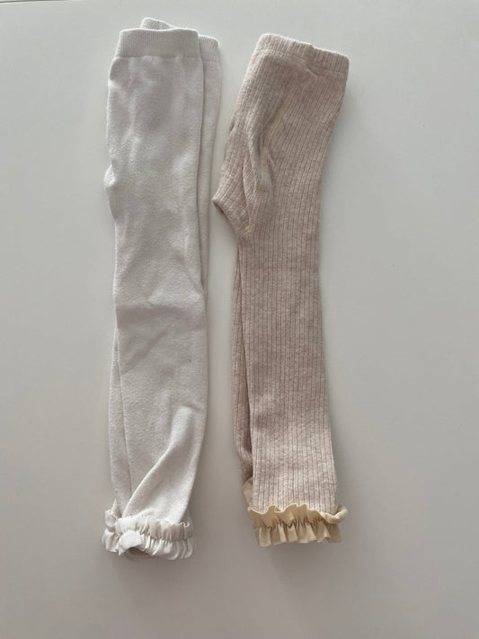 #117- Girls 2T-4T, Ruffle Butts Cream & beige footless tights bundle, VGUC