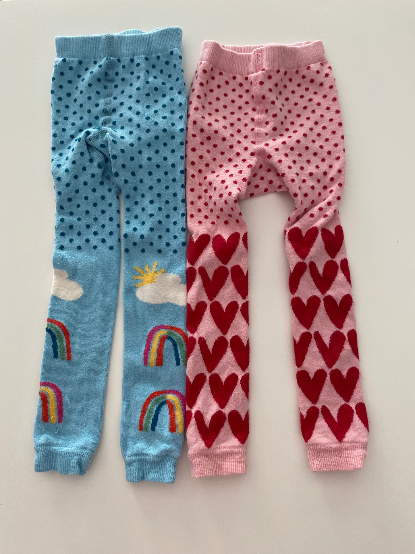 #117- Girls 3T, Hanna Andersson pink heart & blue rainbow footless tights, VGUC,*reduced*