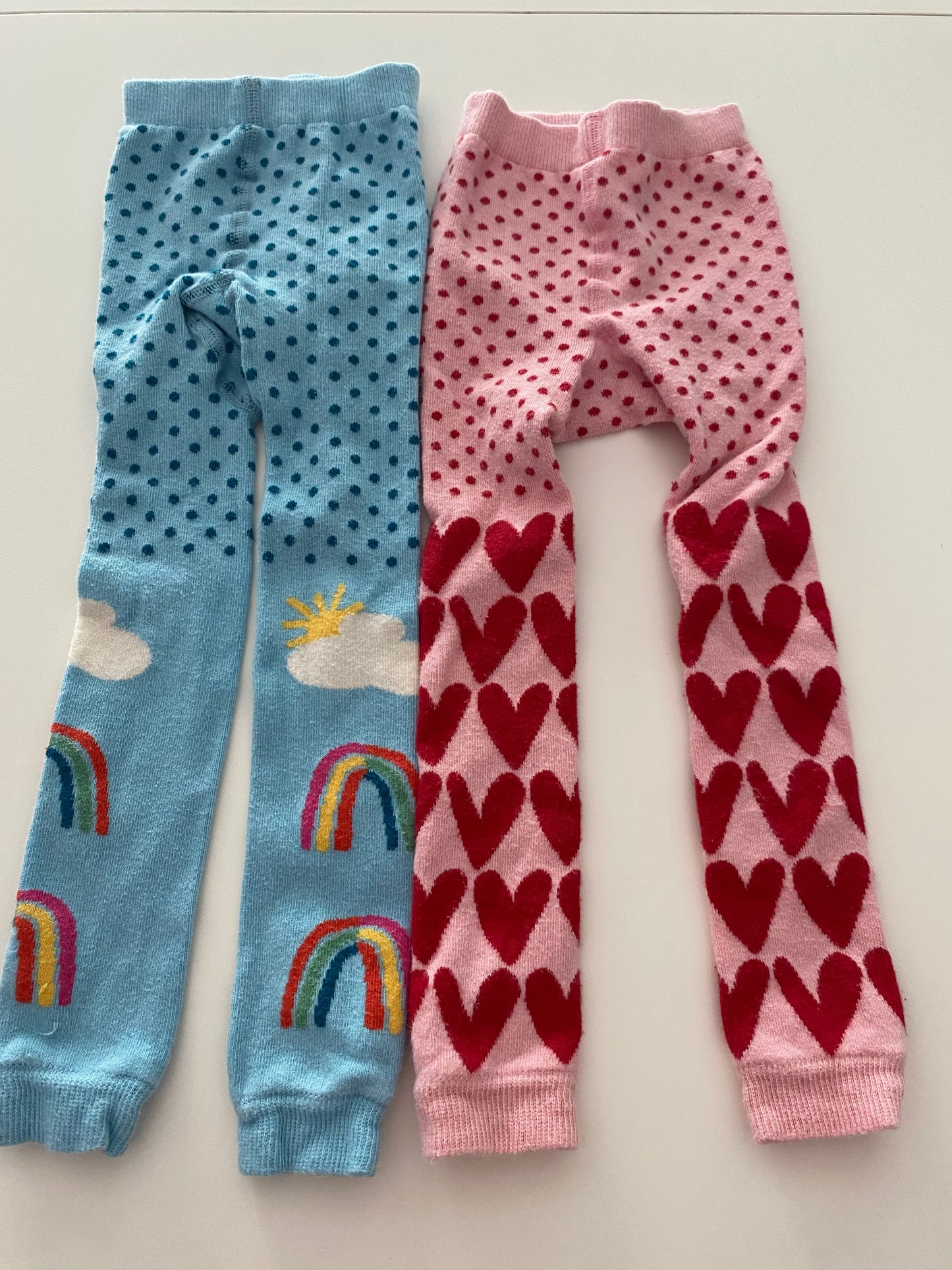 #117- Girls 3T, Hanna Andersson pink heart & blue rainbow footless tights, VGUC,*reduced*