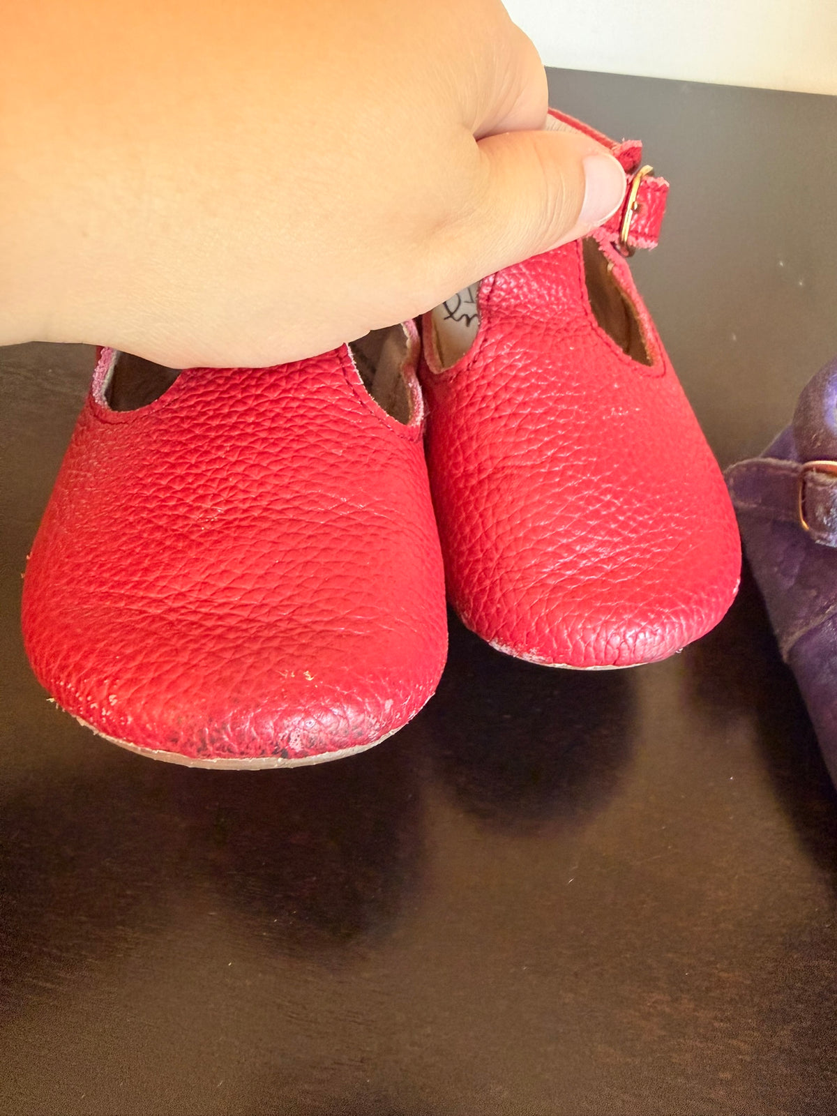 #85 Monkey Feet Pair Mary Jane Moccs Purple Mermaid and Red, Girls Shoes 12-18m