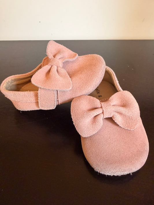 #85 Felix & Flora Dusty Pink Suede Moccasins with Bow, Girls Shoes 4