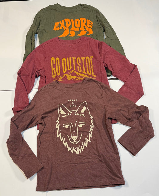 #180 Boys Medium 8 Outdoor Long Sleeve Bundle - Old Navy (Explore)and Cat & Jack (Go Outside and Brave & Kind)