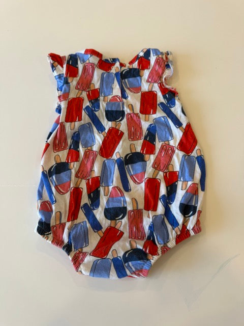 #181 -  Old Navy -  Red white and blue popsicle romper with ruffle sleeves Infant Girls SIZE  0–3 months
