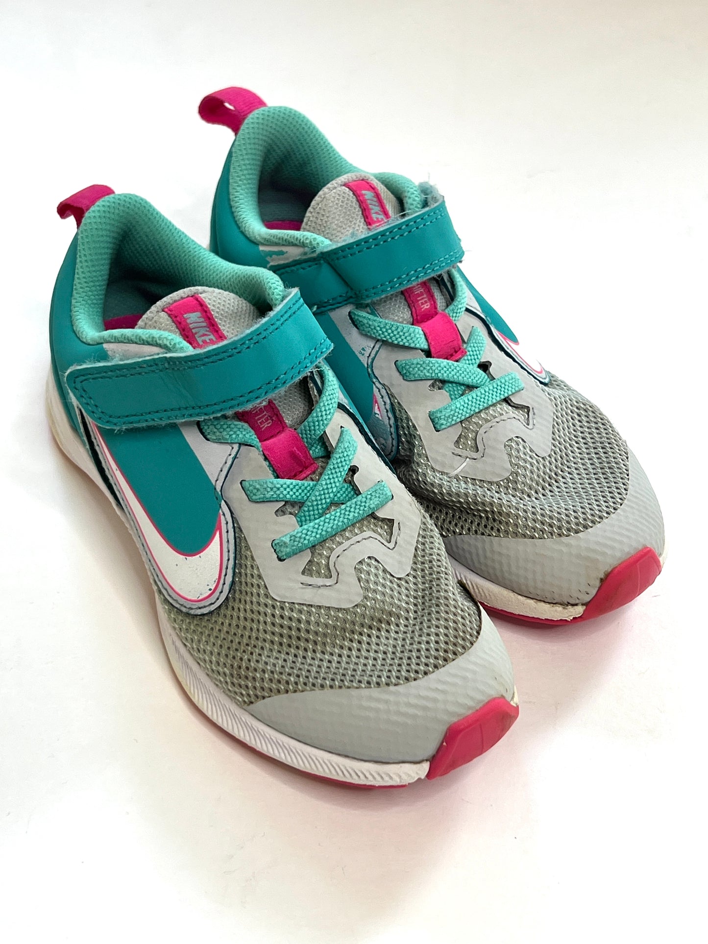 Girls Size 12 Nike Teal, Pink and Grey GUC (one Swoosh has some peeling, see pic)