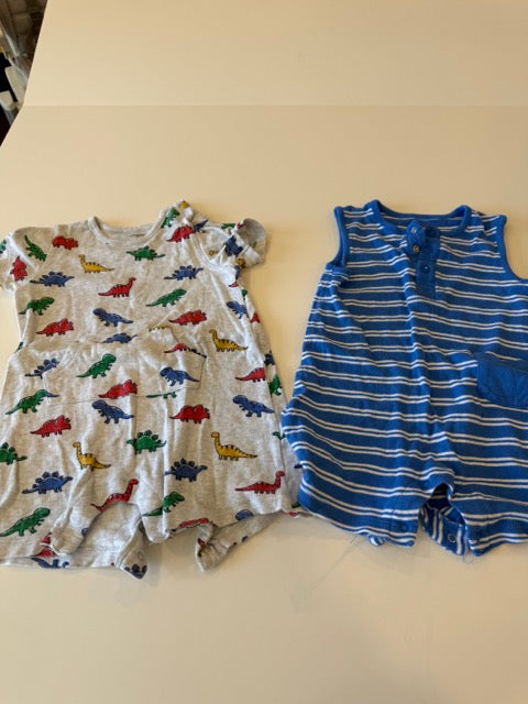 #181 -  Little Me -  Gray dinosaur print romper and blue sleeveless striped romper Toddler Boys SIZE  24 months