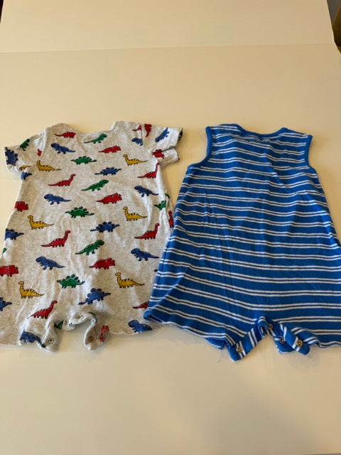 #181 -  Little Me -  Gray dinosaur print romper and blue sleeveless striped romper Toddler Boys SIZE  24 months