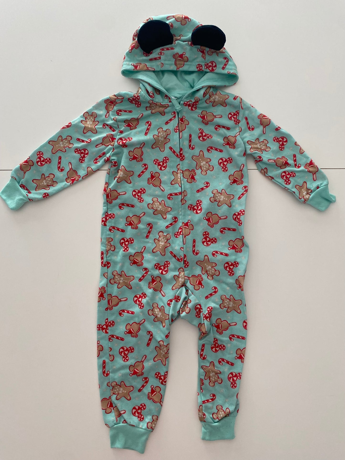 #117- Girls 3T, Disney Green Gingerbread Mickey Footless Pajamas, GUC