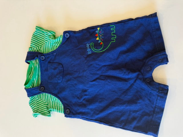 #181 -  Little Me -  Blue short overalls with dinosaur applique and green striped shirt Toddler Boys SIZE  24 months