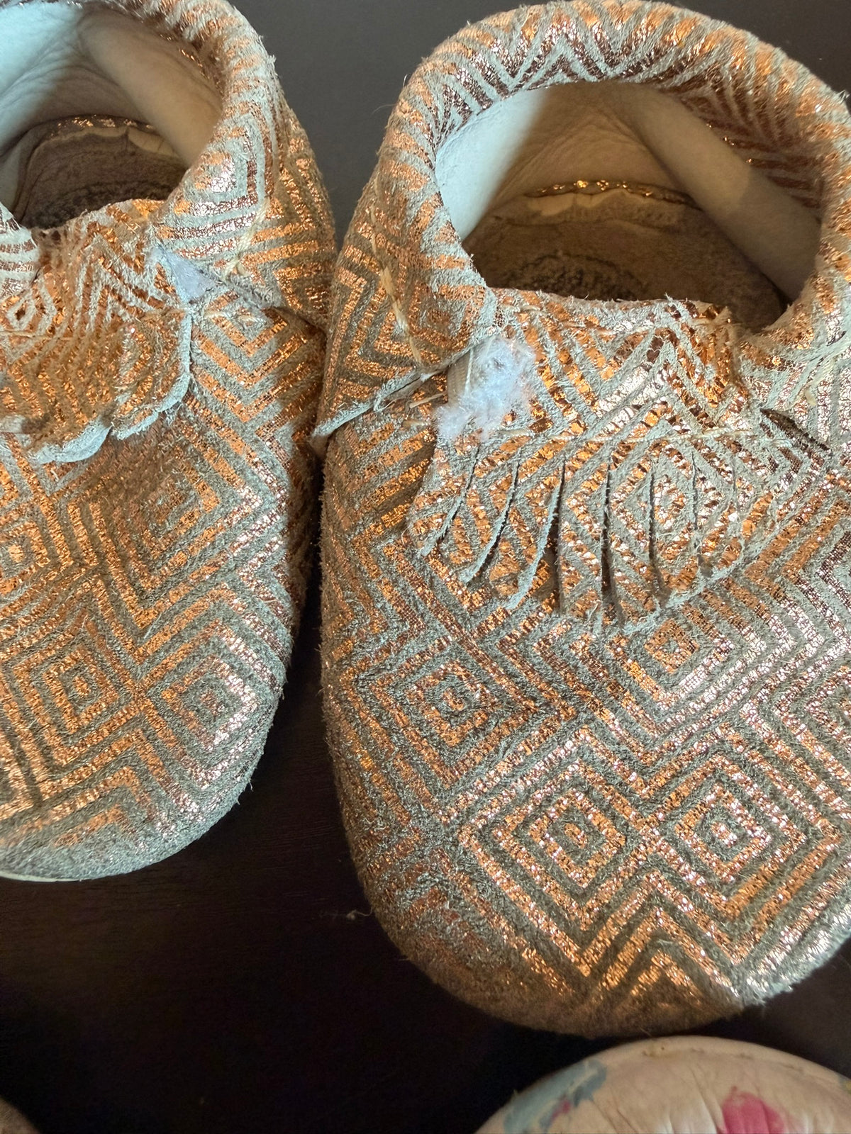 #85 Freshly Picked Pair Leather Moccasins: Disney Princess, Rose Gold Geo, Girls Shoes 3