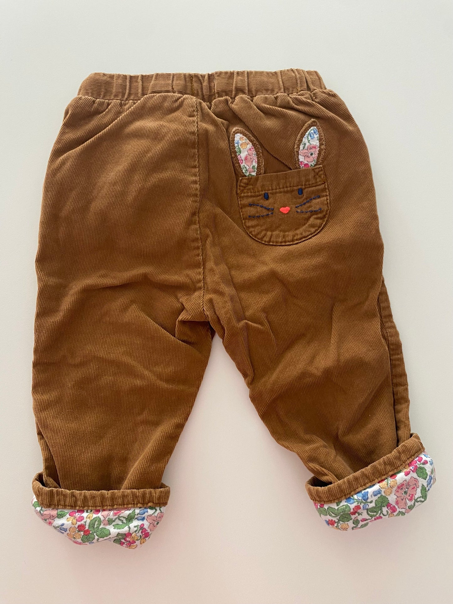 #117-Girls 12M, Boden brown corduroy pants with floral lining, VGUC,*reduced*