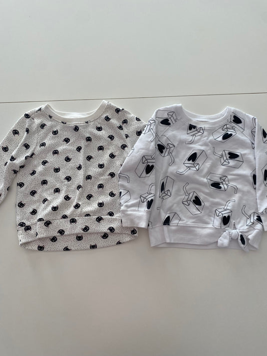 #117- Girls 24M, Old Navy black cats and Okie Dokie juice box print sweatshirt bundle, GUC