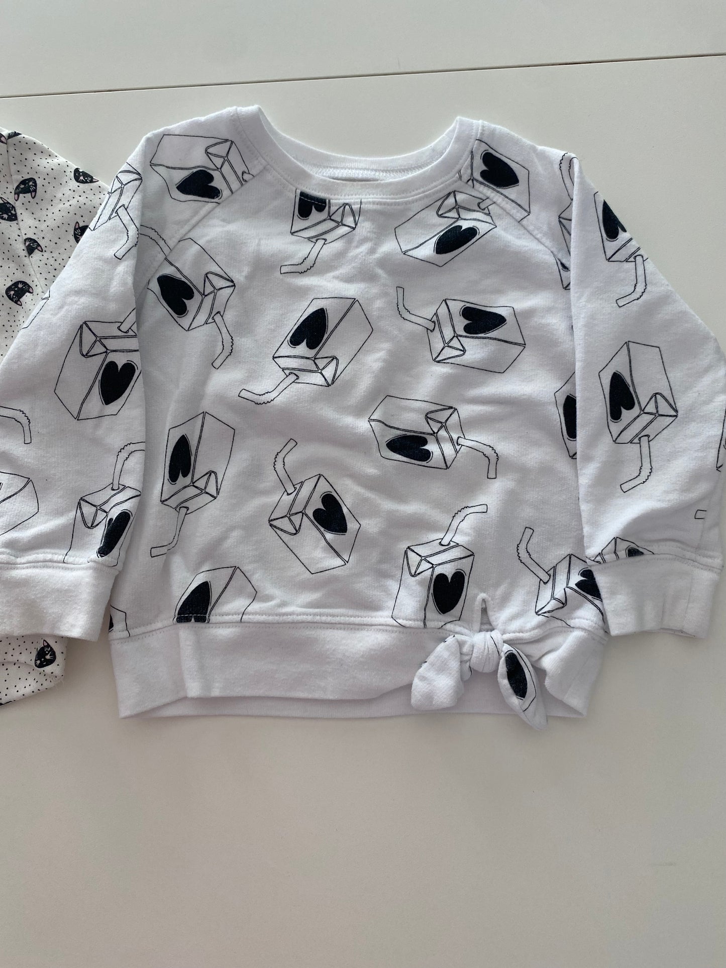#117- Girls 24M, Old Navy black cats and Okie Dokie juice box print sweatshirt bundle, GUC