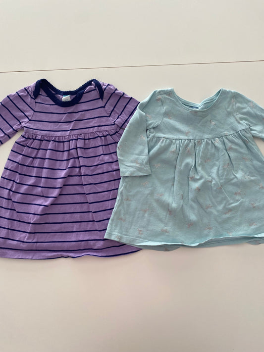 #117- Girls 12M, Old Navy blue unicorn and purple /navy striped dress, GUC
