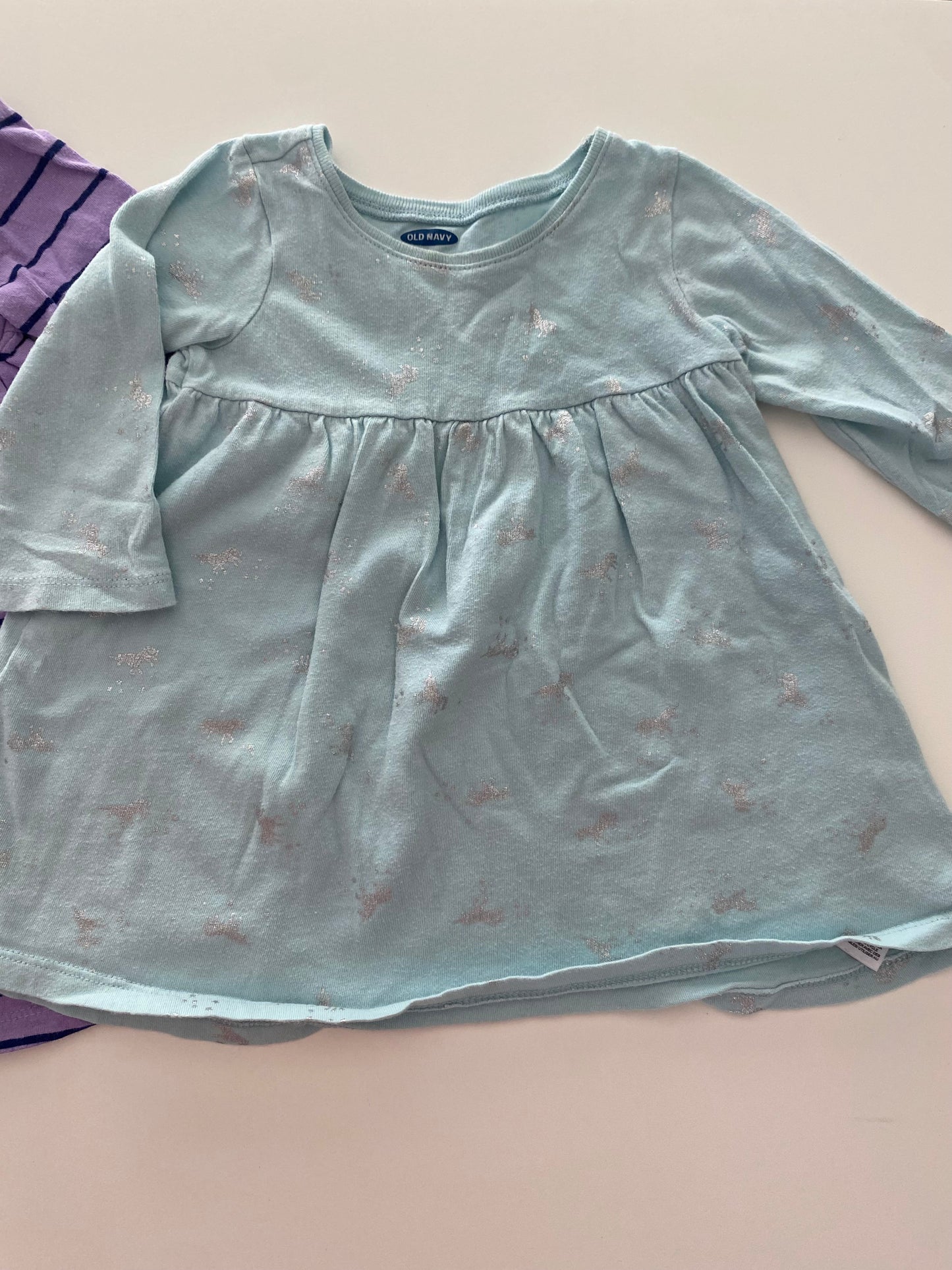 #117- Girls 12M, Old Navy blue unicorn and purple /navy striped dress, GUC