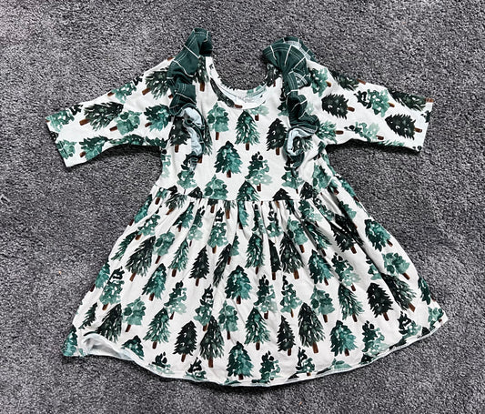 #66 2T girls Made by Molly evergreen tunic dress with ruffle detail, VGUC