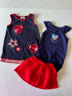Jumping Beans girls size 18 months red white and blue onesie and skirt and ladybug dress bundle