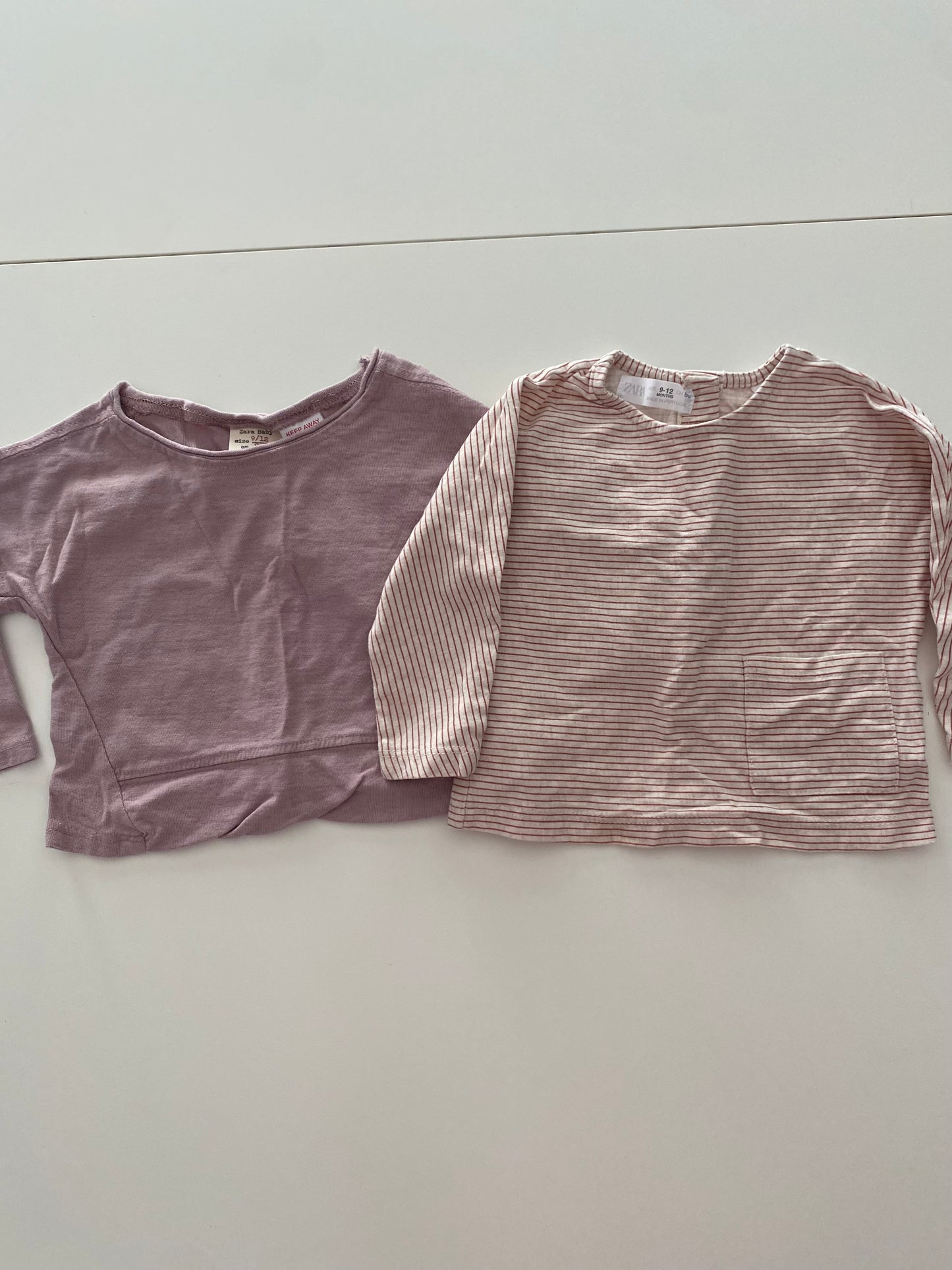 #117- Girls 12M, Zara dusty purple and cream/rust striped cropped shirt set, VGUC