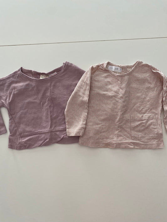 #117- Girls 12M, Zara dusty purple and cream/rust striped cropped shirt set, VGUC