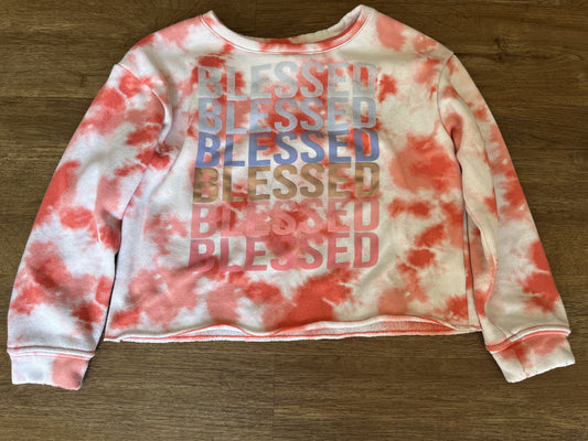 #124 Red Tie-Dye Cropped Sweatshirt "Blessed" Girls Size 10