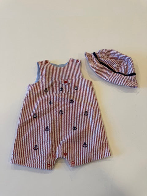 #181 -  Little Me -  Red and white striped seersucker romper with anchors and matching hat Infant Boys SIZE  9 months