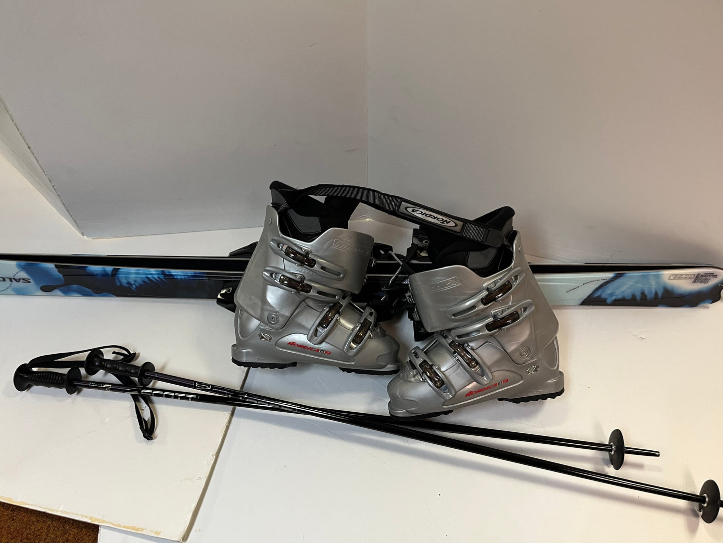 #36 ski boots, skis, poles
