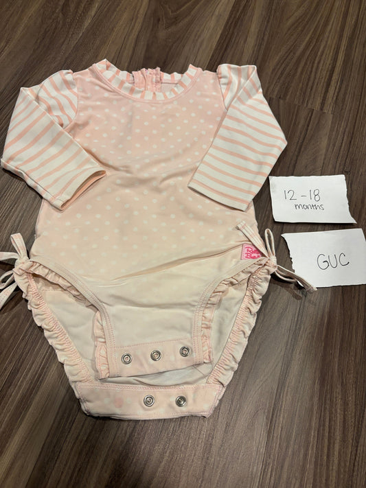 #77 - 12-18 Mo - GUC RuffleButts - Pink Dot Rashguard (bottom missing one button - still closes)