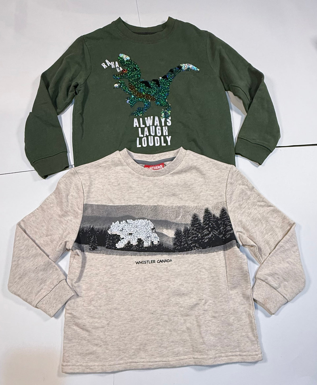 #141 Boy Medium 8 Reverse Sequin Sweatshirt - Bear and Dinosaur