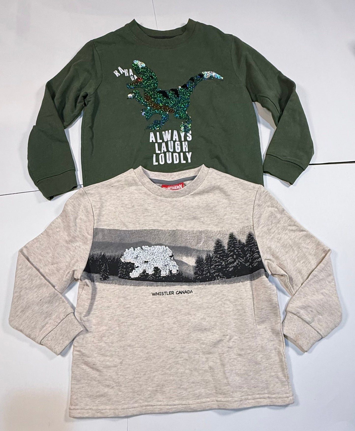 #180 Boys 8 Sweatshirt Reverse Sequin Bundle - Bear and Dinosaur