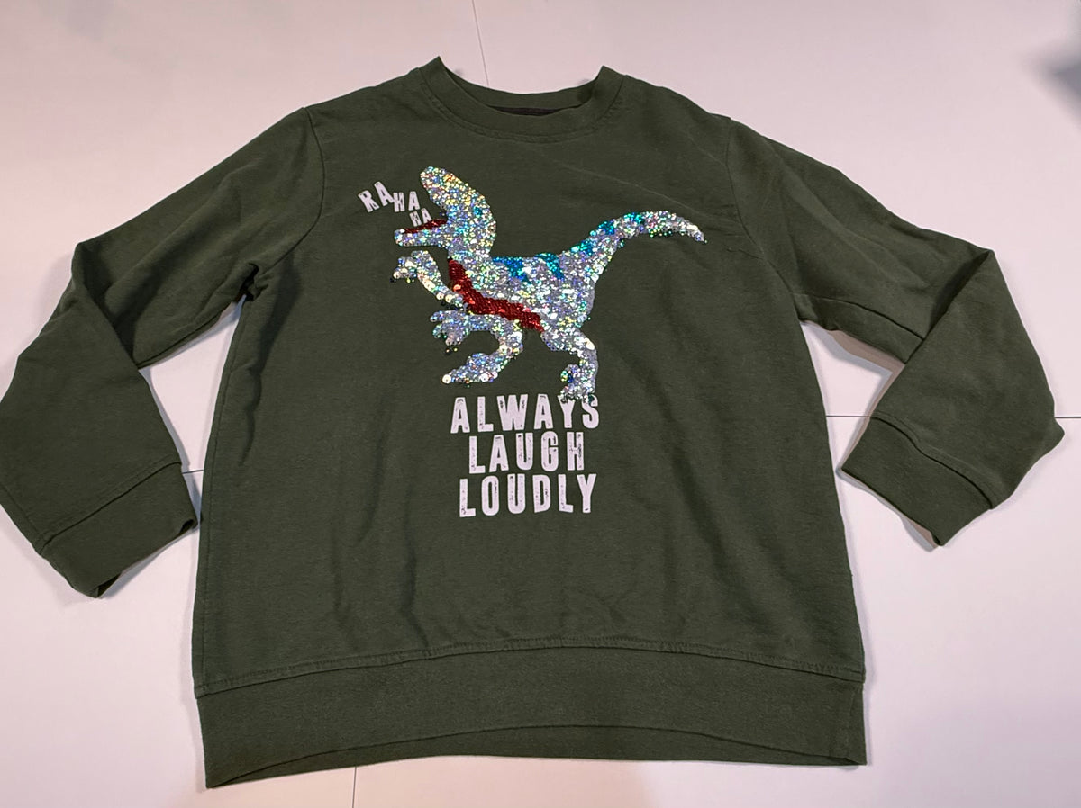 #141 Boy Medium 8 Reverse Sequin Sweatshirt - Bear and Dinosaur