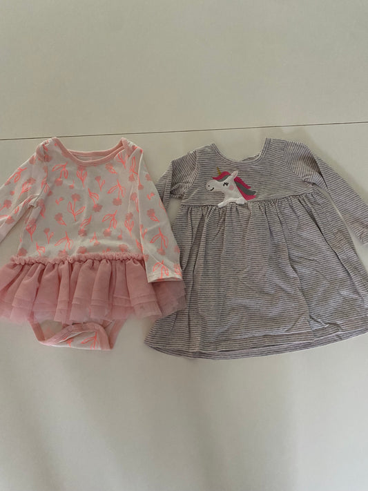 #84B- Girls 6-9M, cat & Jack flower tutu onesie and carters striped unicorn dress, VGUC