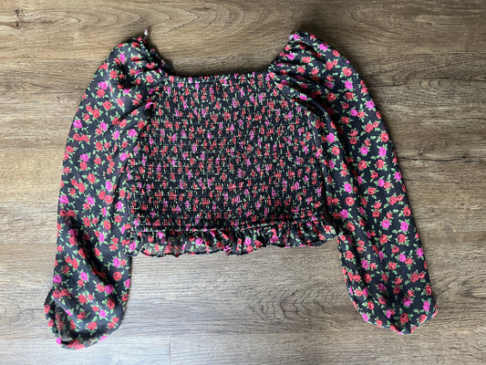 #124 EUC Art Class Black/Red Floral Long Sleeve Crop Top Girls Size L 10/12