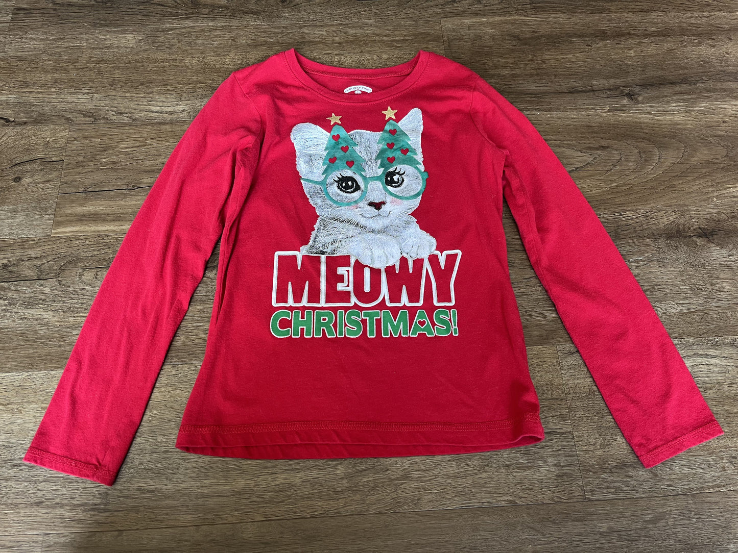 #124 Red Kitty Christmas Long Sleeve Tee Girls Size M 7/8