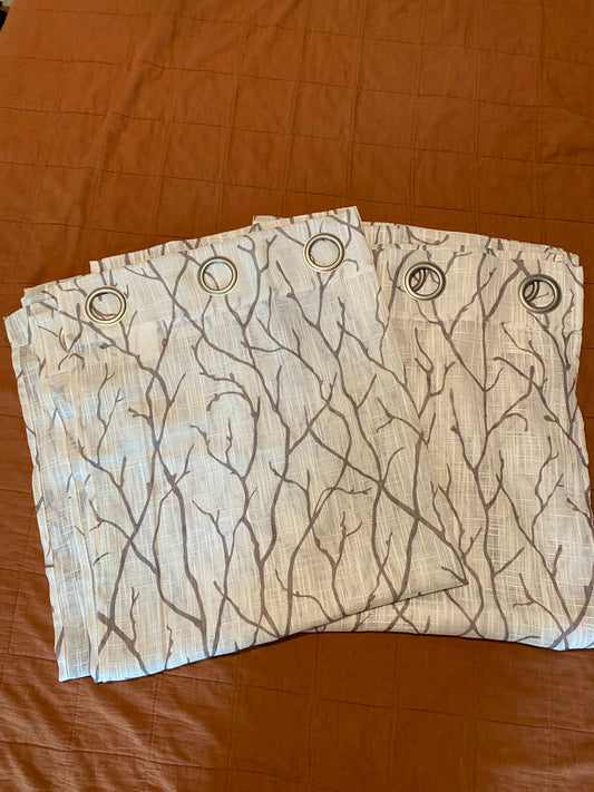 Seller #86-ivory and taupe tree branch sheer curtains (2 panels-84”)