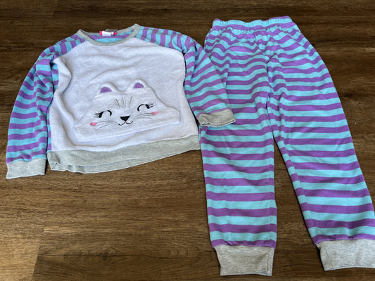 #124 Striped Cat Pajama Set Girls Size S 7/8