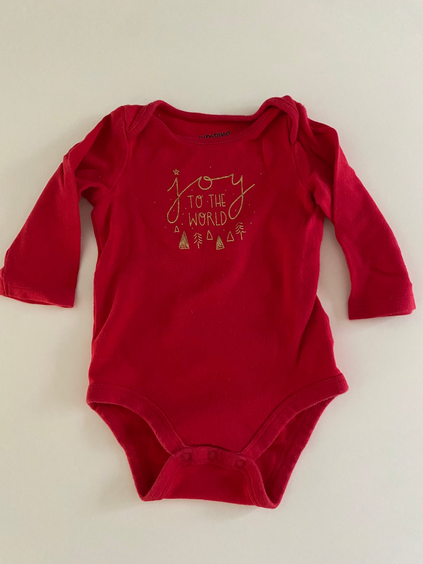 #84B- Girls 9M, Jumping Beans red ‘ joy to the world’ onesie, GUC