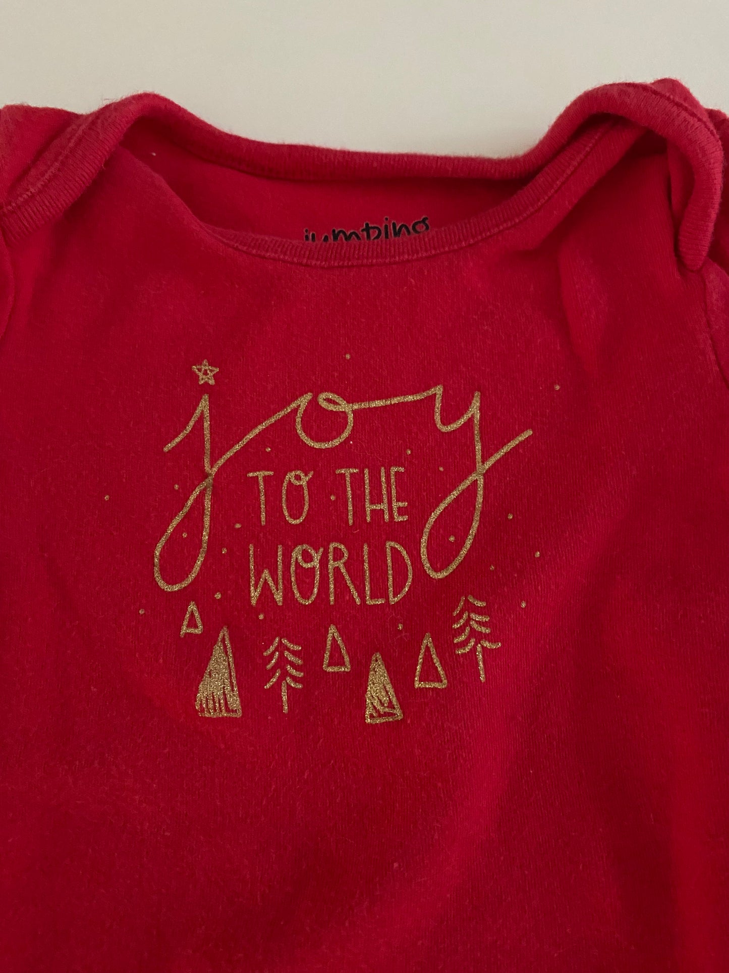 #84B- Girls 9M, Jumping Beans red ‘ joy to the world’ onesie, GUC