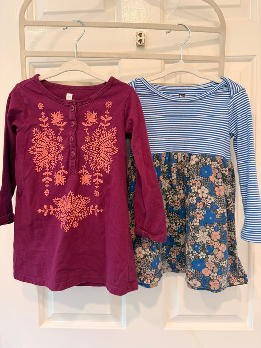 #85 Tea Collection Pair Dresses Blue Striped Floral and Purple, Girls 2T