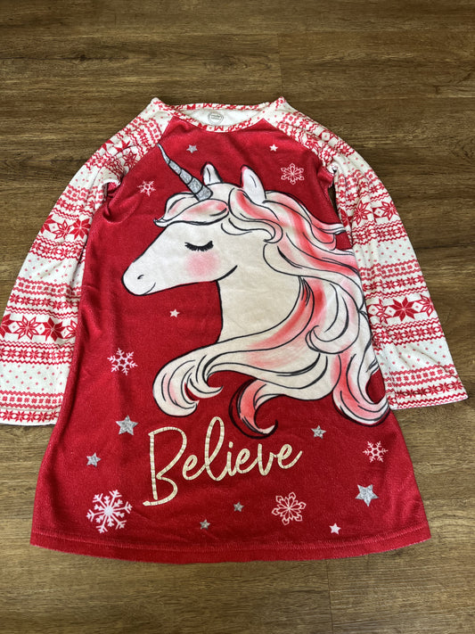 #124 Red Unicorn Fleece Nightgown Girls Size M 7/8