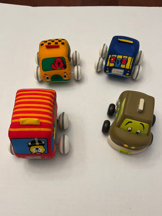 Pull back cars. 3 cloth ones are Melissa and Doug PPU Mariemont